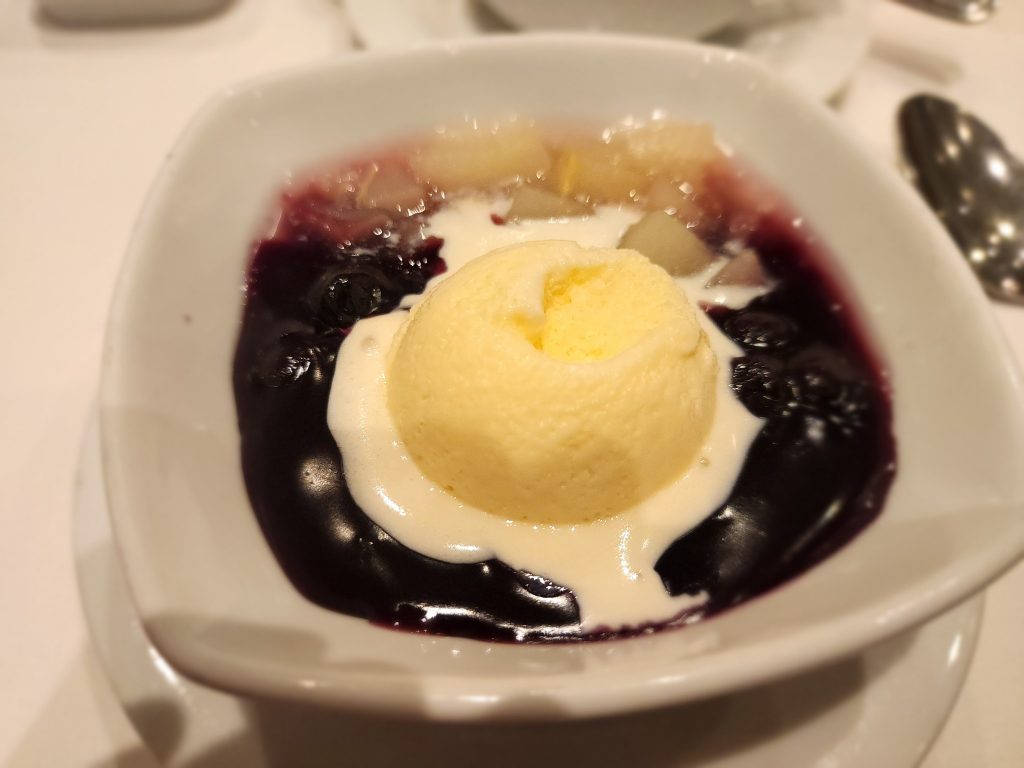 pear and blueberry jubilee with ice cream
